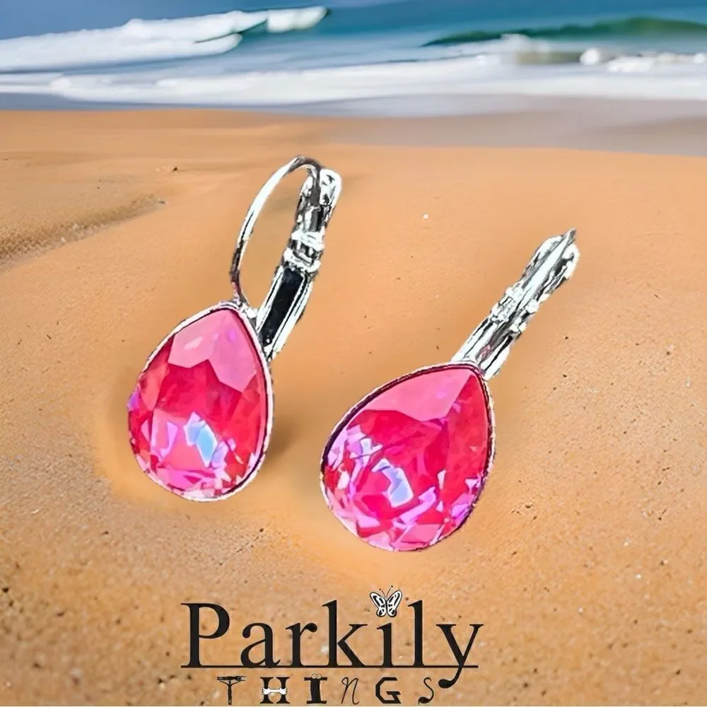 Handcrafted earrings with a pink teardrop Swarovski crystal